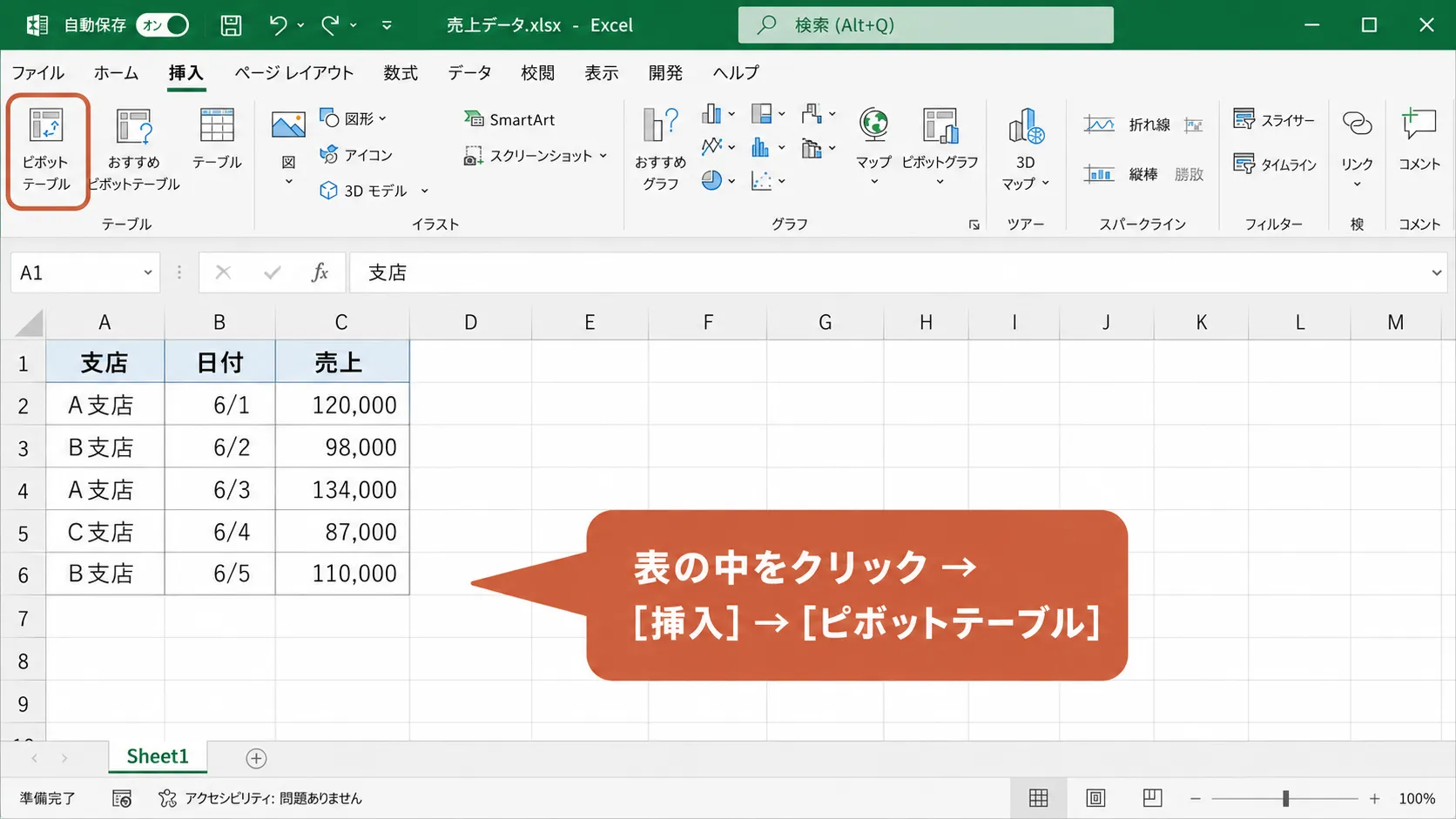 Excelの挿入タブにあるピボットテーブルボタン