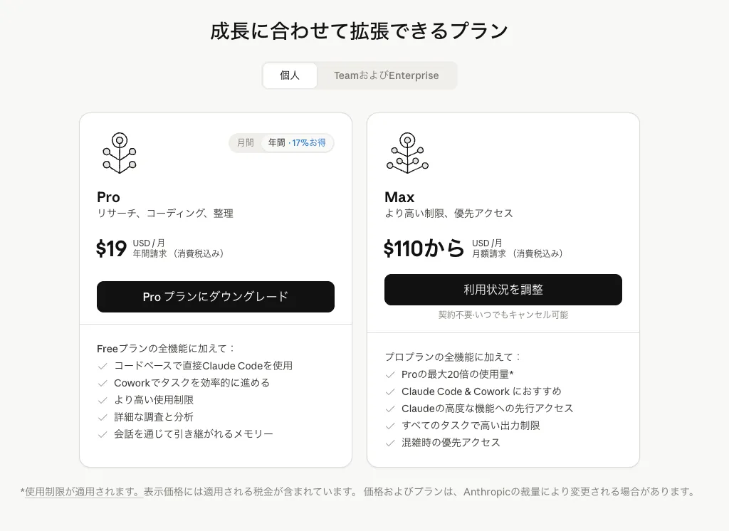 プラン選択画面のスクショ（Pro / Maxの比較）