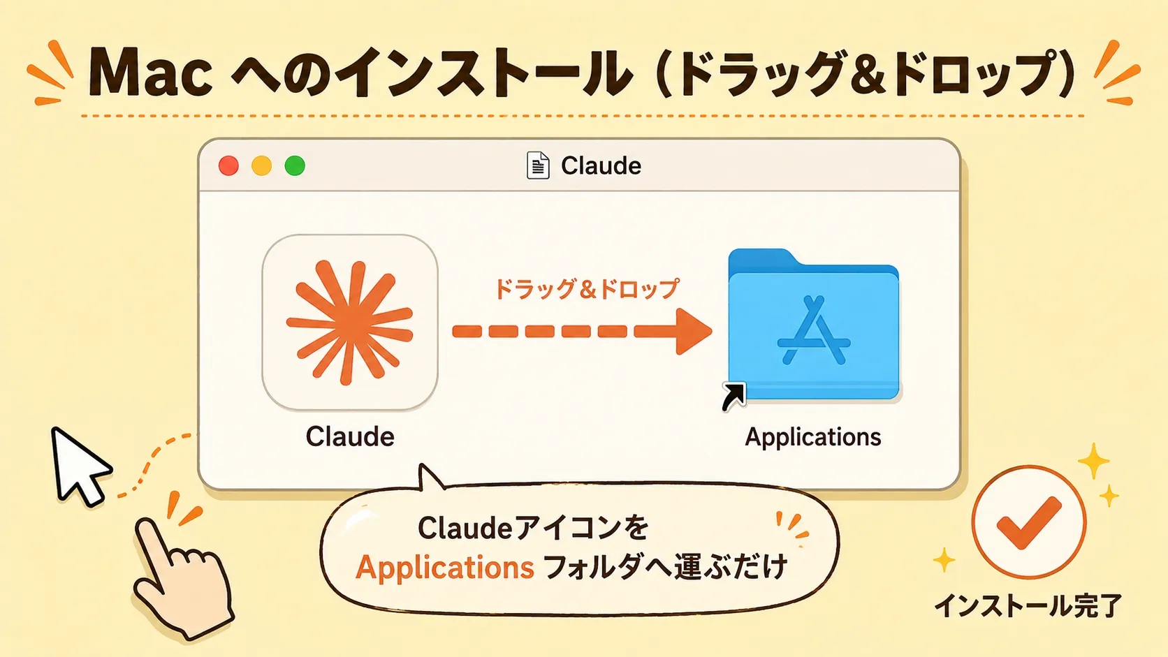 .dmgウィンドウでClaudeをApplicationsへドラッグする画面のスクショ