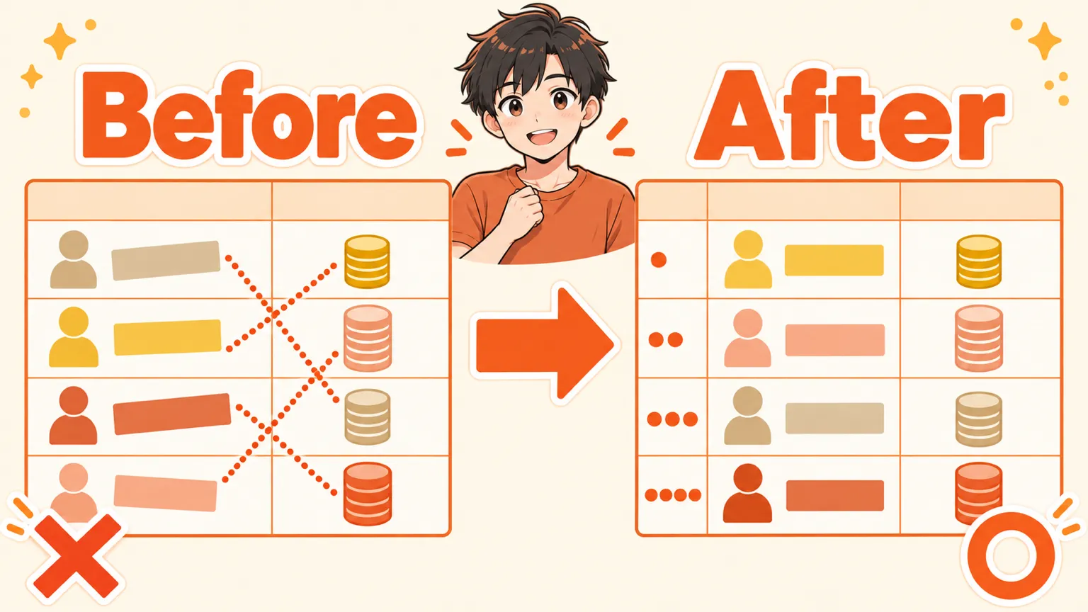 並び替えで名前と金額がずれた名簿と、正しく並んだ名簿の比較