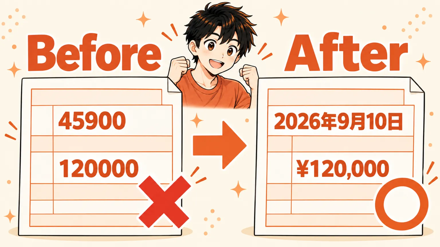 差し込みフィールドの日付が「45900」から「2026年9月10日」に直った様子