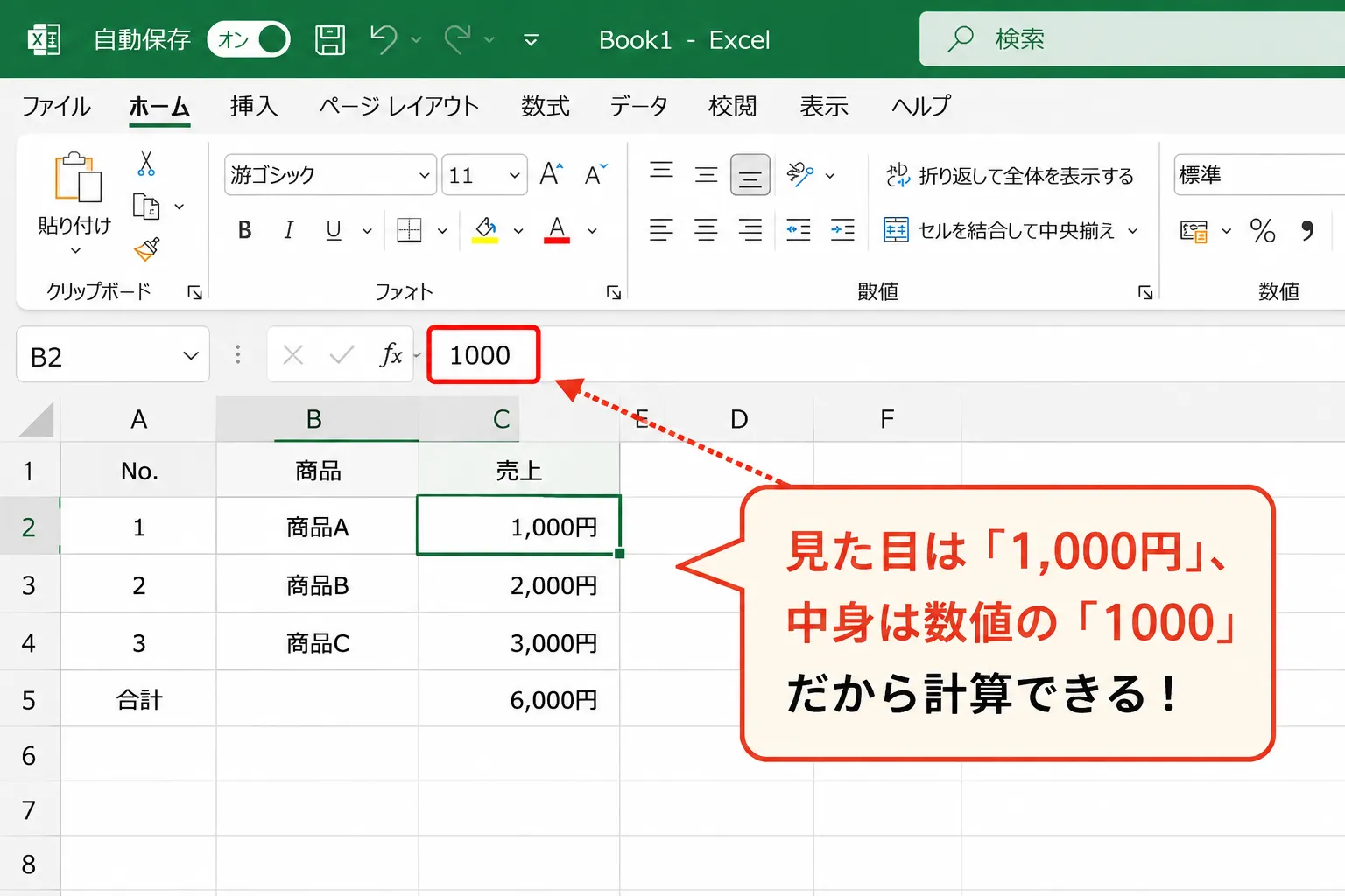 書式適用後。見た目は単位付きでも数式バーは数値のまま