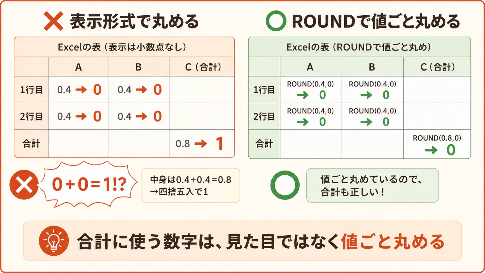 表示形式で丸めると合計がズレる例とROUNDで揃えた例