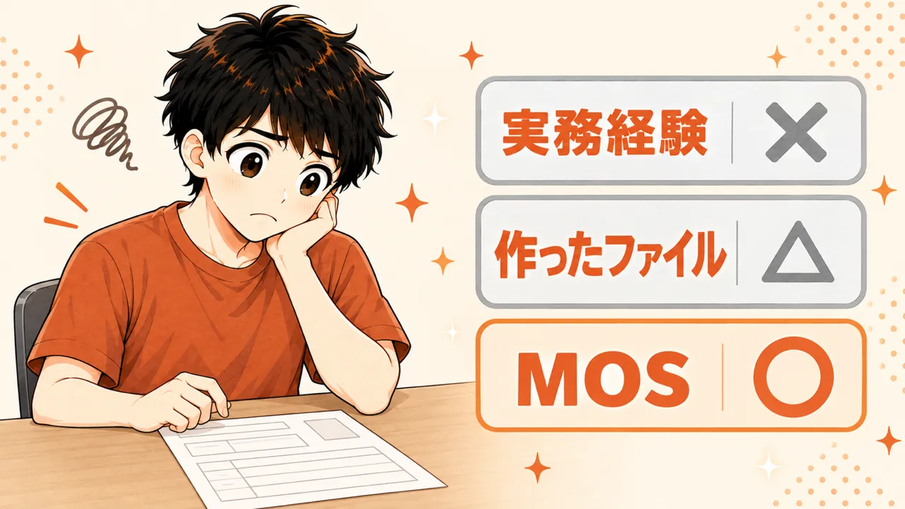 未経験者がExcelの力を書類で示せるもの：実務経験×・作ったファイル△・MOS○