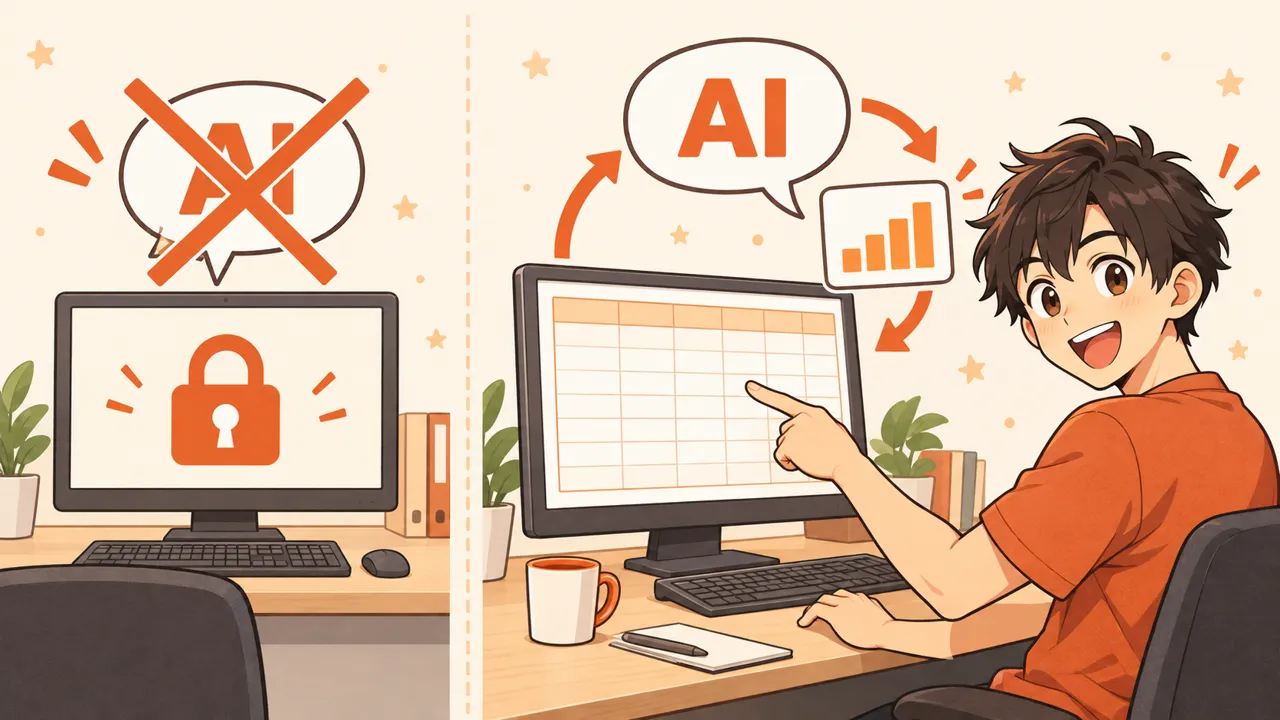AIが使えない職場と、Excelを知っている人がAIに具体的な指示を出す様子