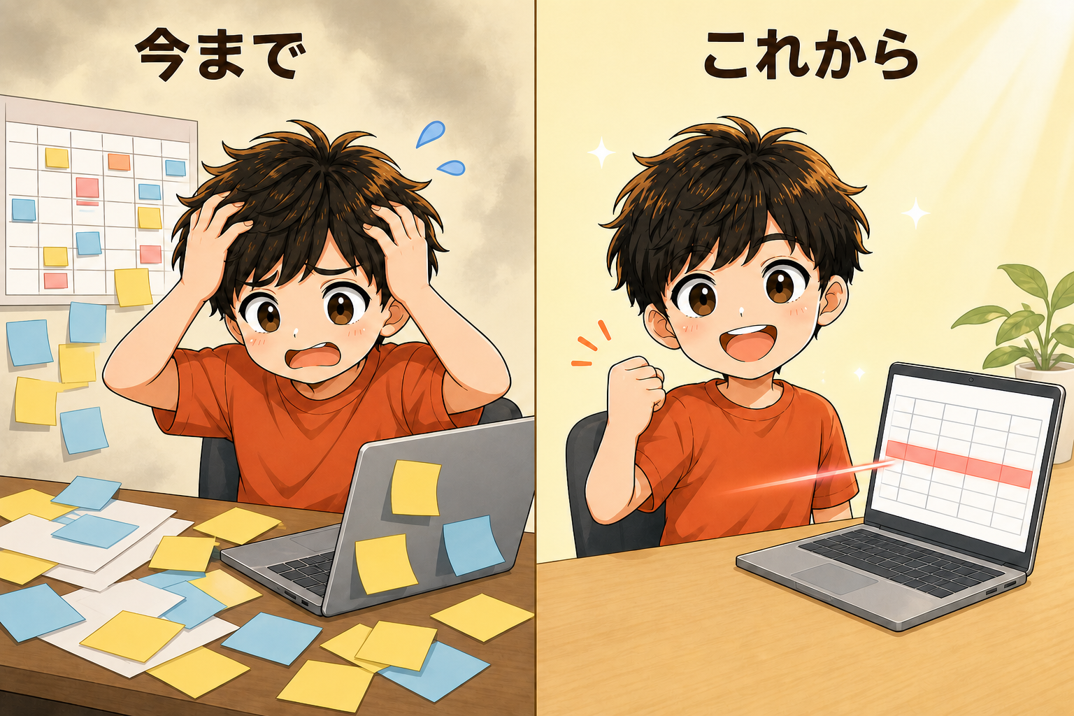 作業もれの前後を比べたイラスト。左の「今まで」は付箋が散らかった机で頭を抱えて焦っている様子、右の「これから」は机が片付き、パソコンの表の1行だけが赤く光って今日やるべきことを教えてくれるので、笑顔でガッツポーズしている様子