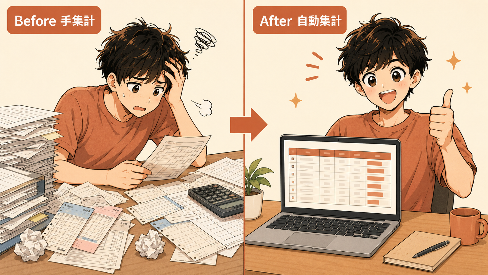 手作業の勤怠集計で困っている様子から、ツールで一瞬で終わって楽になる様子へのBefore/After