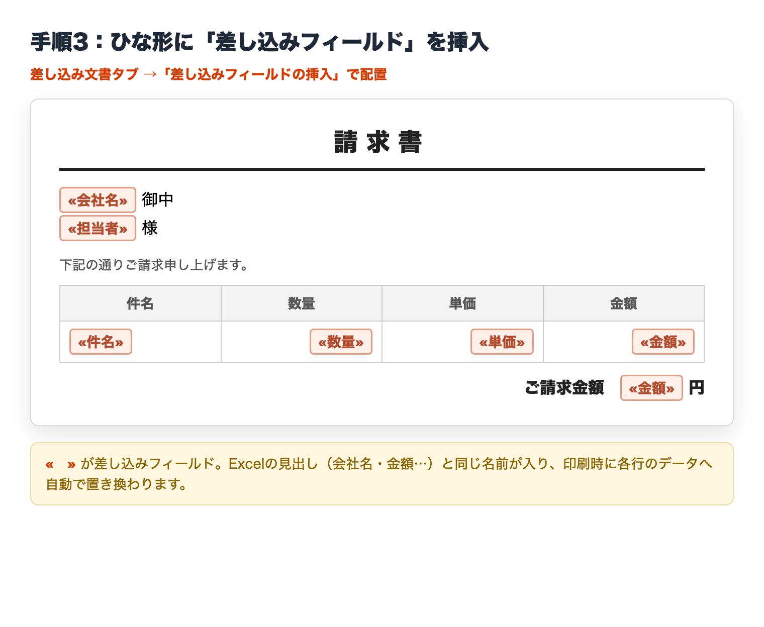 Wordのひな形に「差し込みフィールドの挿入」で会社名・金額を配置する